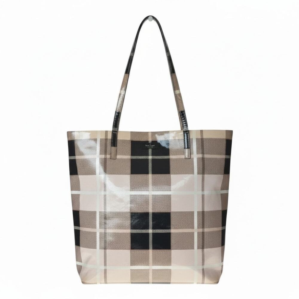Kate Spade Bon Shopper Plaid Tote Bag Cream Taupe Coated Canvas